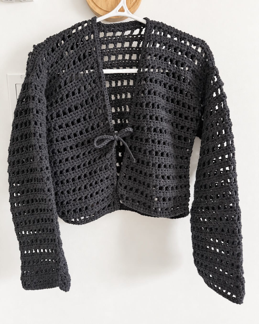 Black Cotton Mesh Tie-Front Cropped Cardigan - Size Small